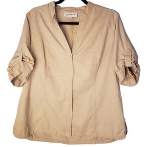 Jones New York Sport Linen Cotton Blend Button Down Shirt Roll Sleeve Size XL